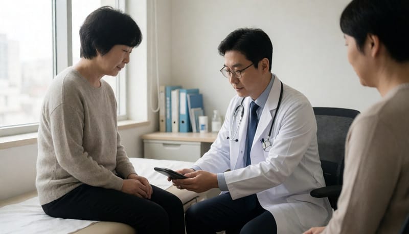 진료실에서 의사가 환자의 발뒤꿈치를 촉진하는 모습