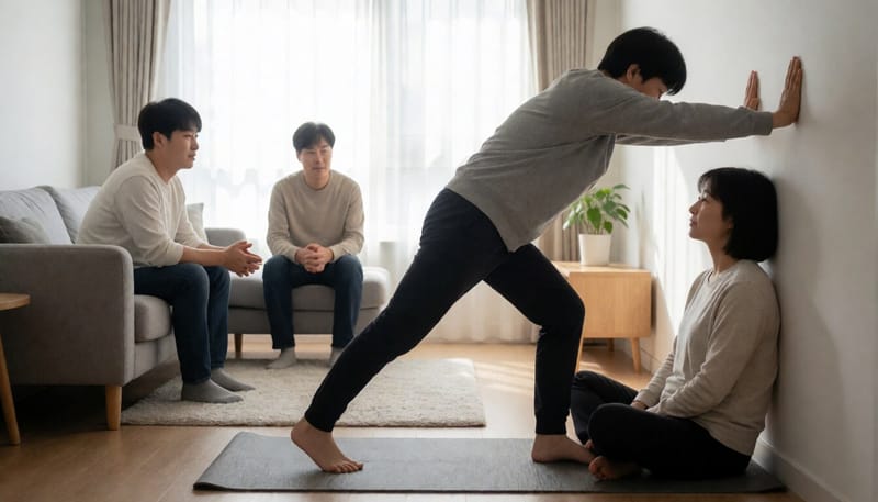 거실에서 벽을 짚고 종아리와 발바닥 스트레칭을 하는 모습
