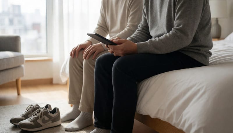 아침에 침대에 앉아 발뒤꿈치를 손으로 만지는 모습