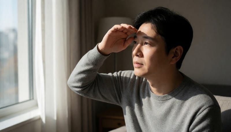 밝은 빛에 눈을 찡그리며 손으로 가리는 남성