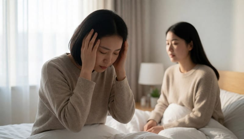 두통과 고열로 머리를 감싸 쥐고 힘들어하는 여성의 모습
