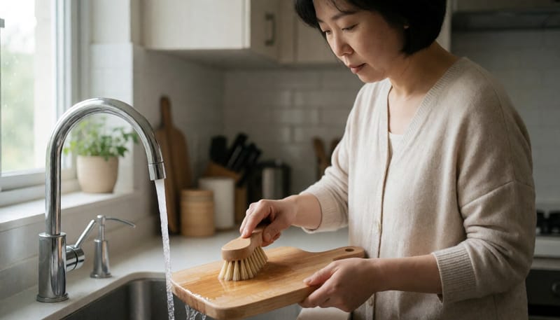 가정 주방에서 도마를 세척하는 모습