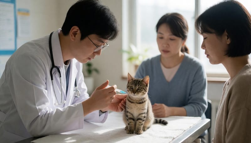 동물병원에서 예방접종을 받는 고양이