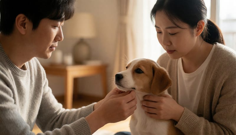 보호자가 강아지의 입과 잇몸을 살펴보는 모습
