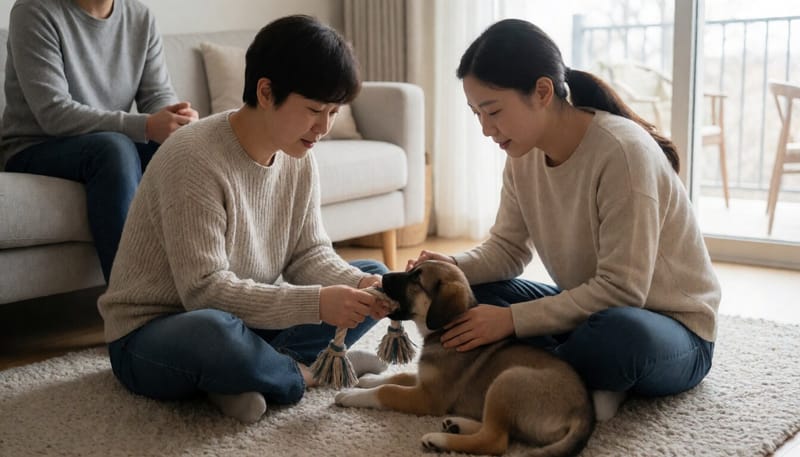 실내에서 장난감으로 강아지와 놀아주는 여성