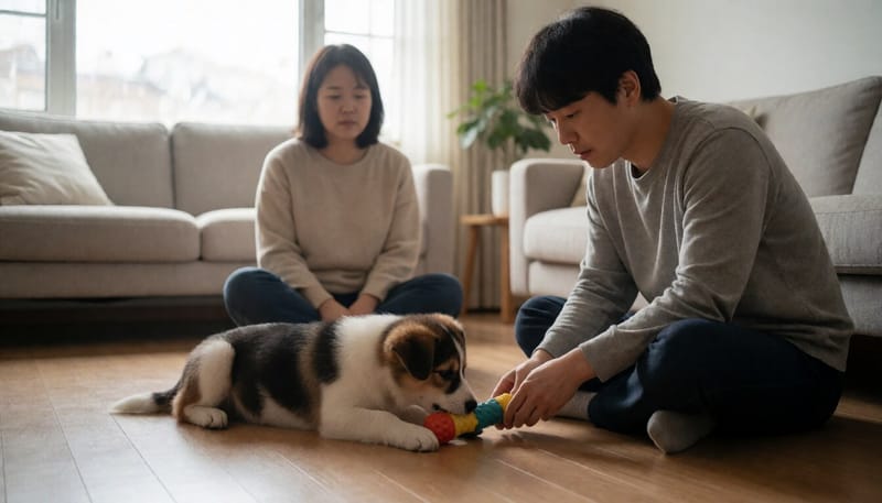 거실 바닥에서 씹는 장난감을 물고 있는 어린 강아지