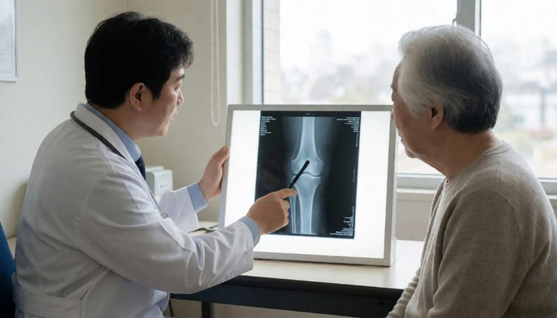 의사가 무릎 엑스레이를 보여주며 고령 환자에게 설명하는 모습