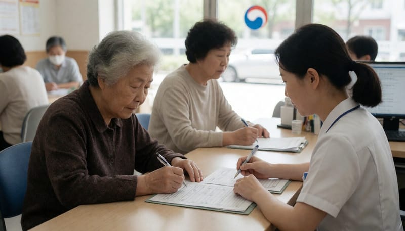 보건소 창구에서 서류를 작성하며 지원사업을 신청하는 고령 여성의 모습