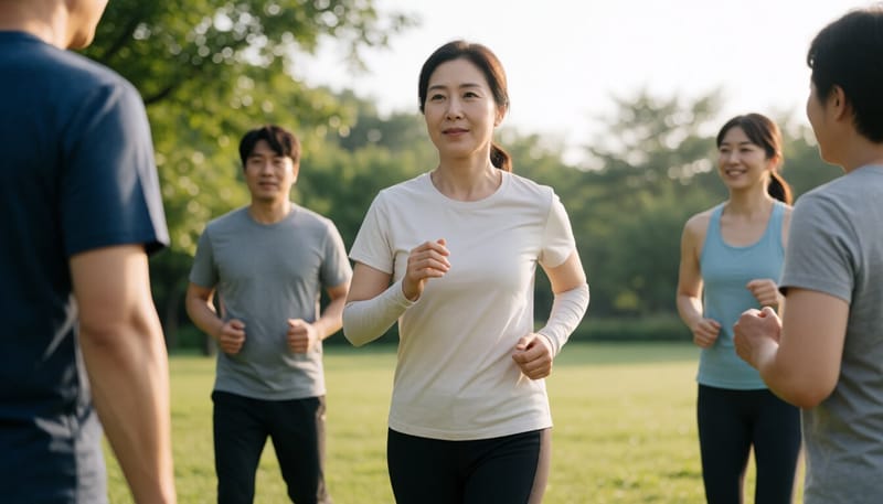 공원에서 준비운동으로 가볍게 조깅하는 여성