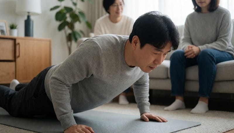 무릎을 댄 채 강도를 낮춰 팔굽혀펴기를 하는 남성