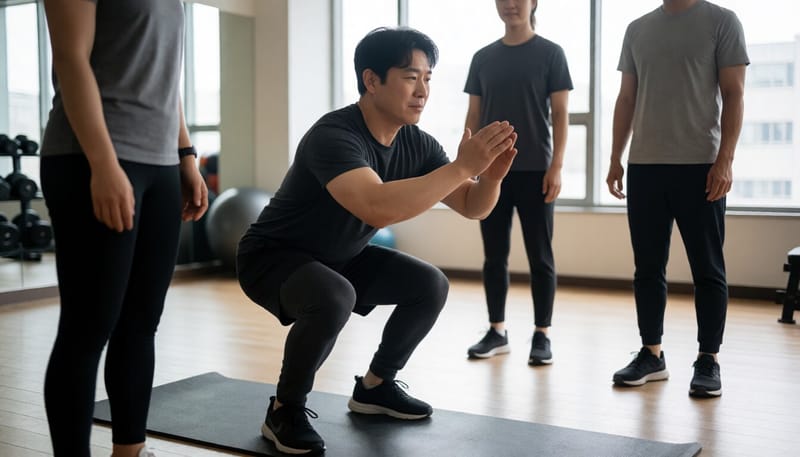 실내 운동시설에서 고강도 인터벌 동작을 하고 있는 남성