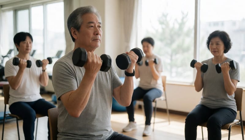 체육센터에서 가벼운 근력 운동을 하는 남성