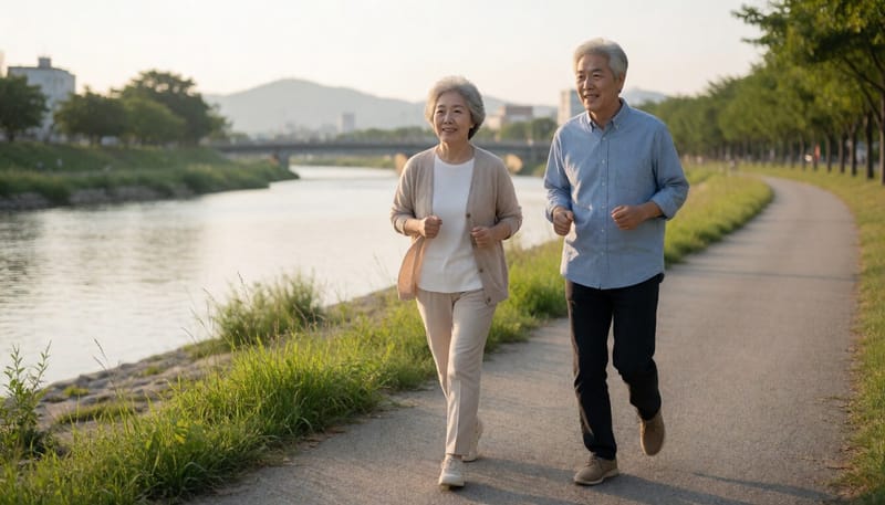 강변길을 함께 걷는 노년 부부