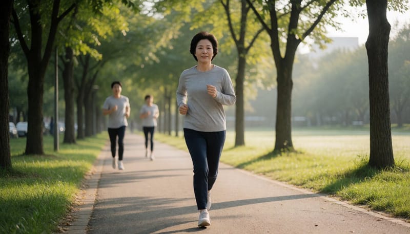 공원에서 아침 조깅을 하는 중년 여성의 모습