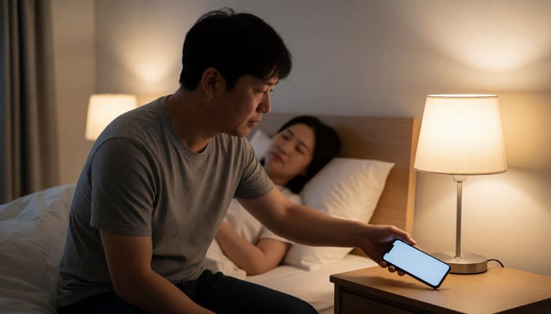 잠들기 전 스마트폰을 내려놓는 모습
