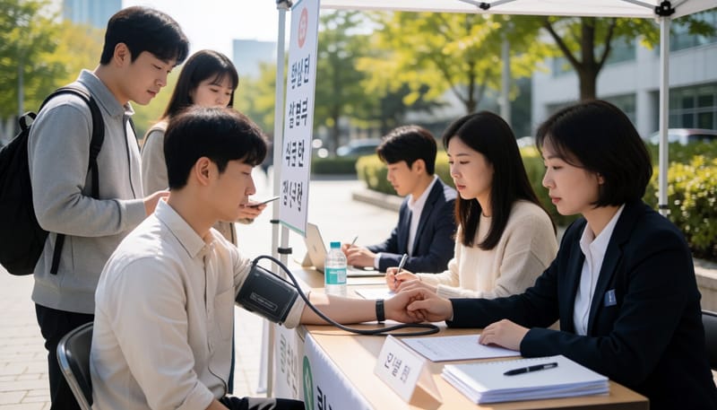 거리 캠페인 부스에서 혈압과 혈당을 측정하는 시민들