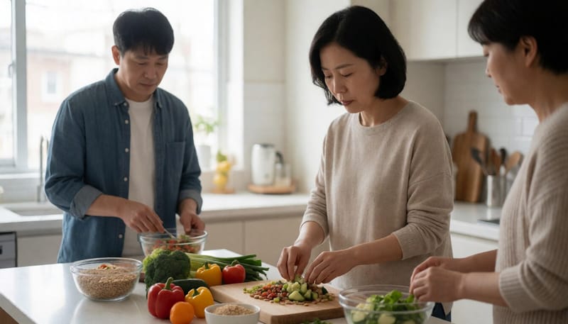채소와 통곡물로 건강한 식단을 준비하는 여성의 모습