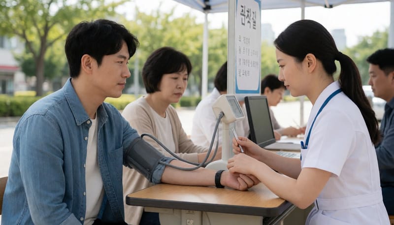 보건소에서 혈압을 측정하고 있는 20대 남성의 모습