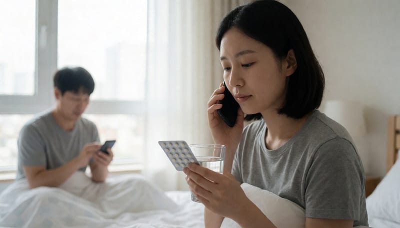 아침에 물 한잔과 함께 피임약을 챙겨 먹으려는 여성의 모습