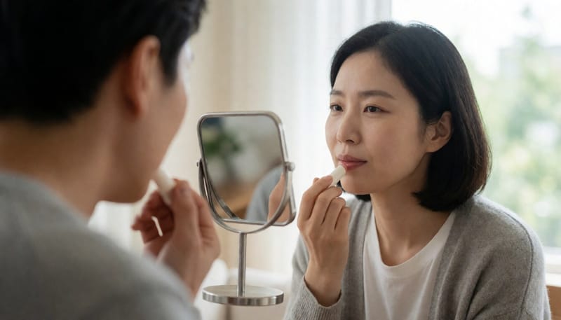 입술에 립밤을 바르는 여성의 모습