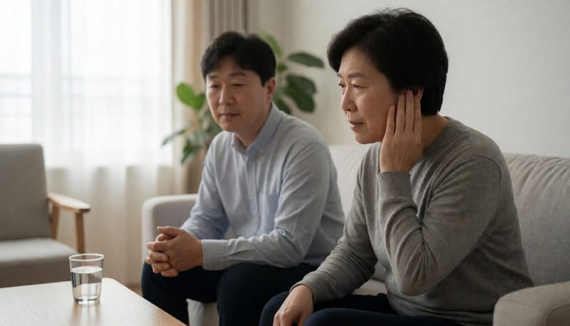 귀 통증으로 손을 대고 있는 성인의 모습