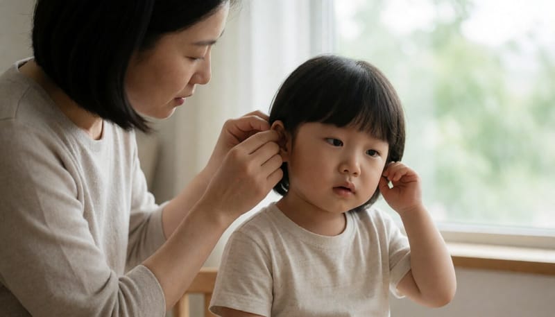 귀를 만지며 불편해하는 아이의 귀를 살펴보는 어머니