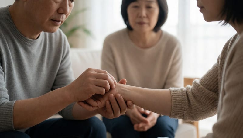 팔의 상처를 살펴보는 손 클로즈업