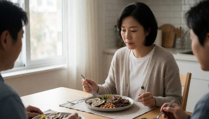 아연이 풍부한 음식들이 차려진 식탁 앞에 앉은 여성