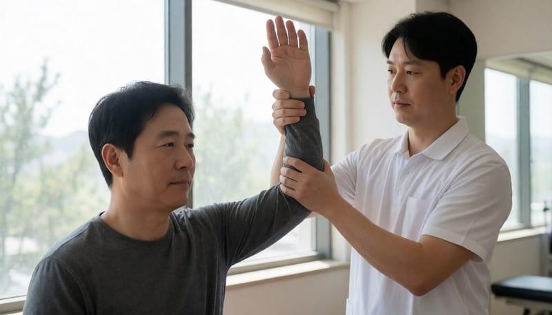 물리치료사가 환자의 팔을 들어 수동 관절 운동 범위를 검사하는 모습