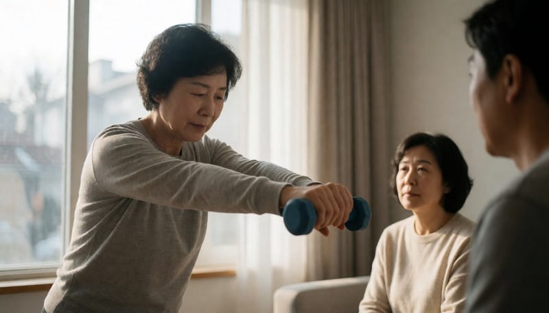 중년 여성이 집에서 어깨 진자 운동 스트레칭을 하는 모습