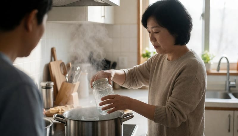 가정에서 유리병을 끓는 물에 소독하는 모습