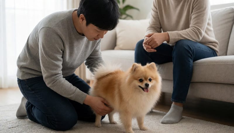 반려인이 소형견의 뒷다리를 살펴보는 모습