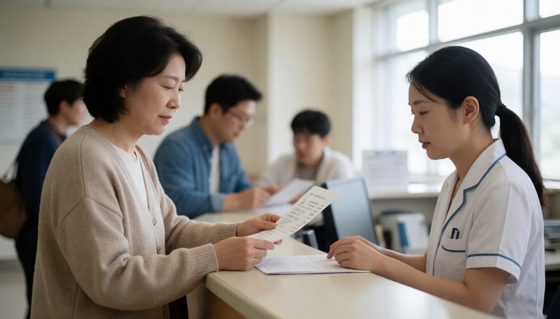 병원 원무과에서 이용료를 확인하는 모습