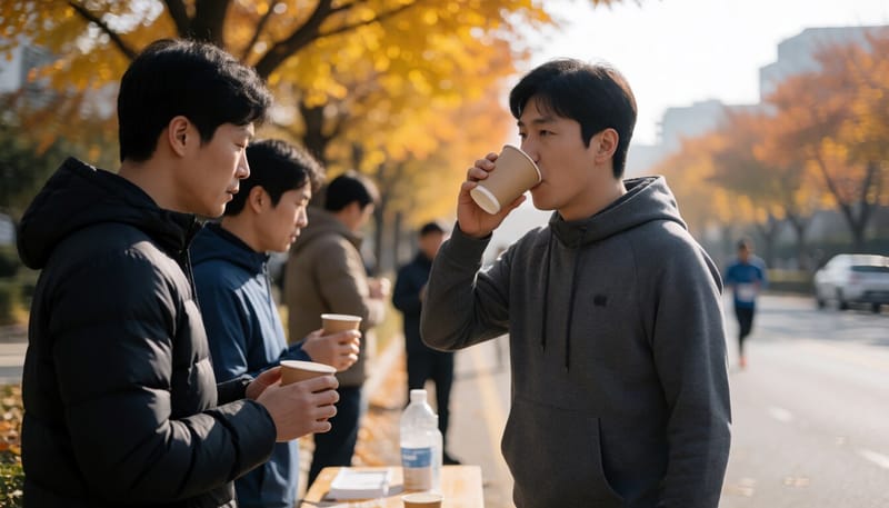 마라톤 대회 급수대에서 물을 마시는 참가자의 모습