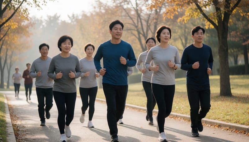 가을철 공원에서 함께 달리는 초보 러너들의 모습