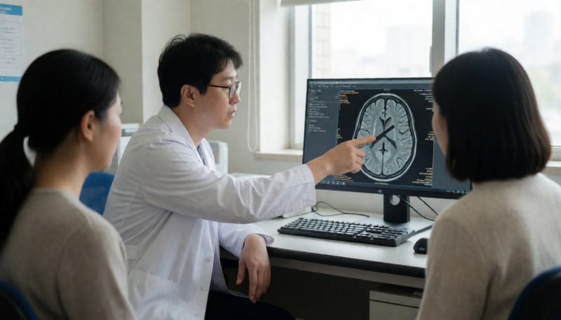 뇌 영상 자료를 살펴보는 연구자의 모습