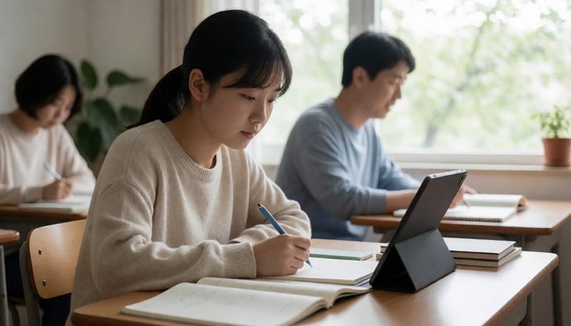 낮 시간 학습용 태블릿을 활용하는 청소년의 모습