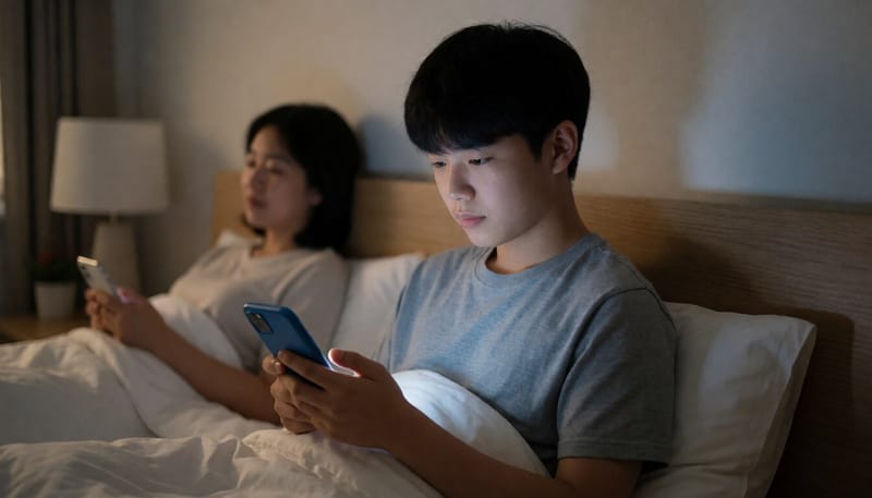 늦은 밤 침대에 누워 스마트폰 화면을 보고 있는 청소년의 모습