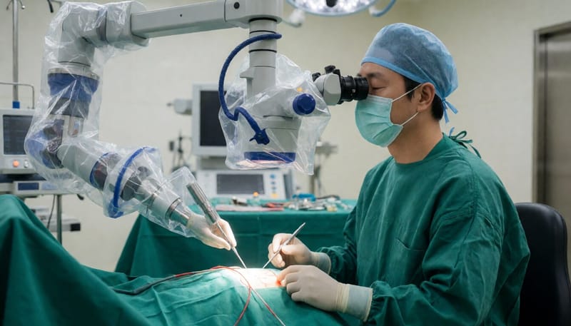 로봇 미세수술 장비로 혈관을 봉합하는 수술실 장면