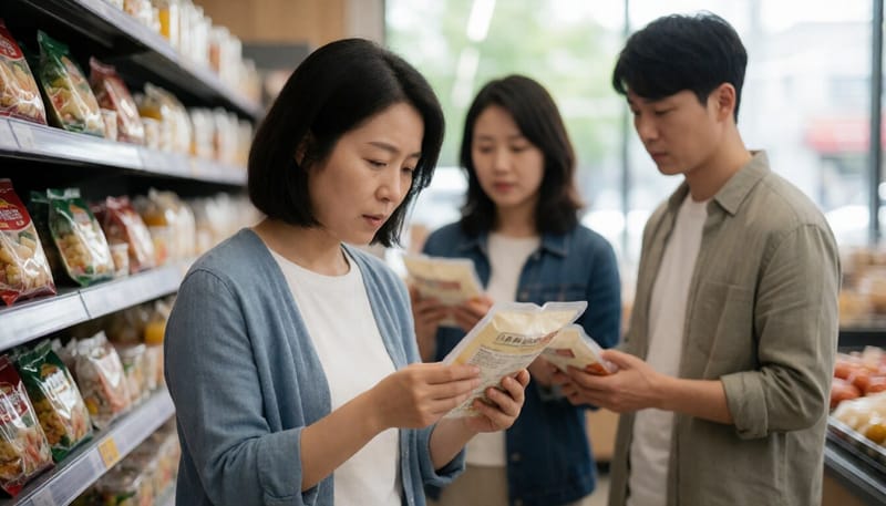 마트에서 식품 포장 정보를 확인하는 소비자