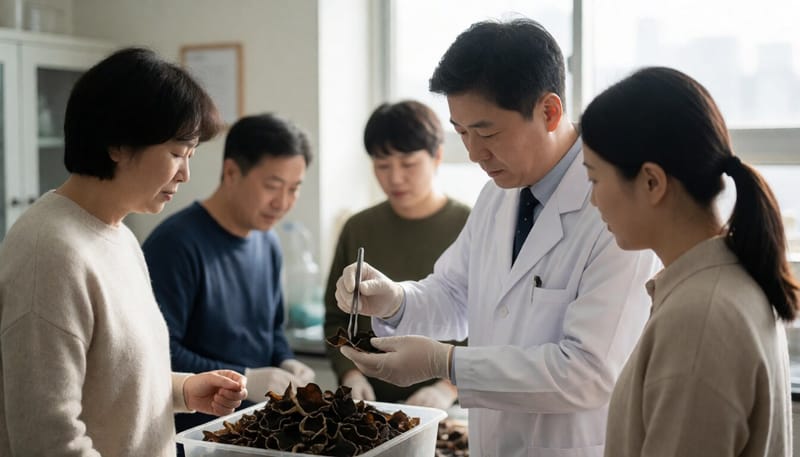 식품안전 검사원이 수입 목이버섯의 잔류농약 여부를 점검하는 모습