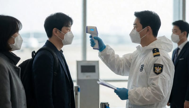 공항 검역대에서 입국자의 체온을 점검하는 검역관