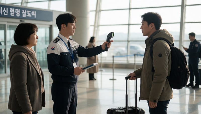 국제공항 입국장에서 검역 절차를 진행하는 모습