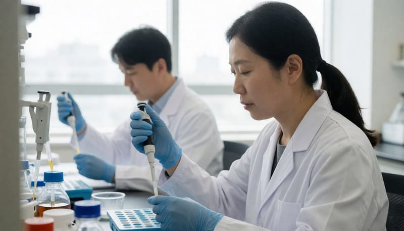 제약회사 연구원들이 실험실에서 신약 연구를 하는 모습