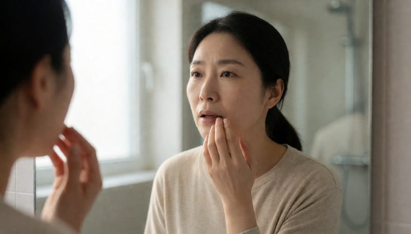 거울을 보며 잇몸 상태를 확인하는 여성의 모습