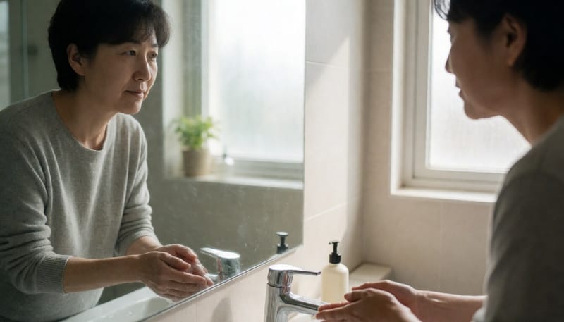 충혈된 눈을 거울로 비춰보는 모습