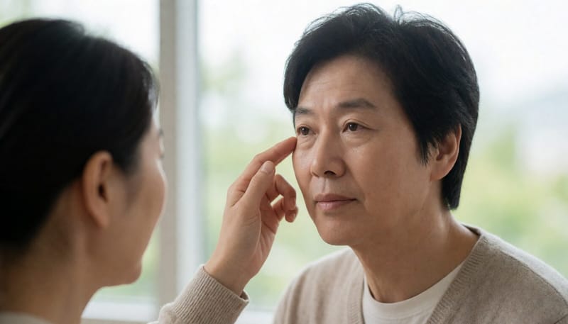 눈이 충혈되어 손으로 눈가를 조심스럽게 만지는 모습