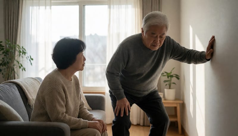 거실에서 일어서다 벽을 짚고 균형을 잡는 남성