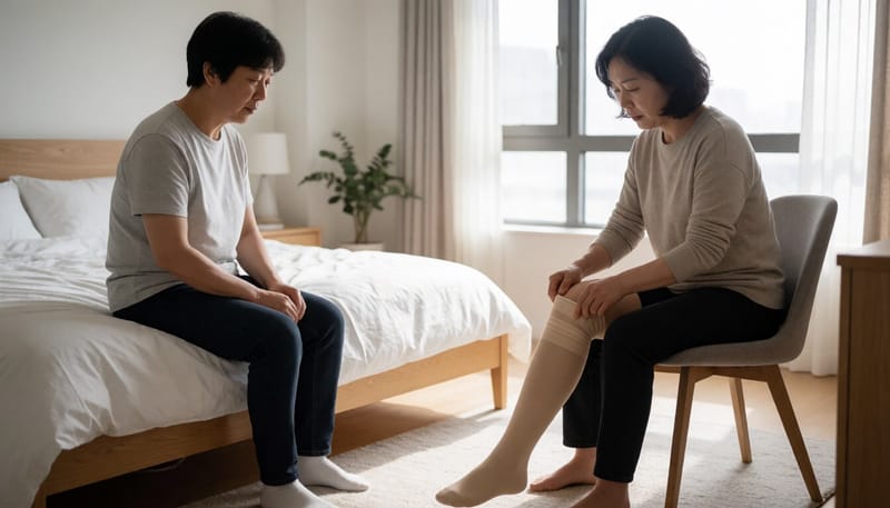 압박스타킹을 착용하고 있는 여성의 다리 모습