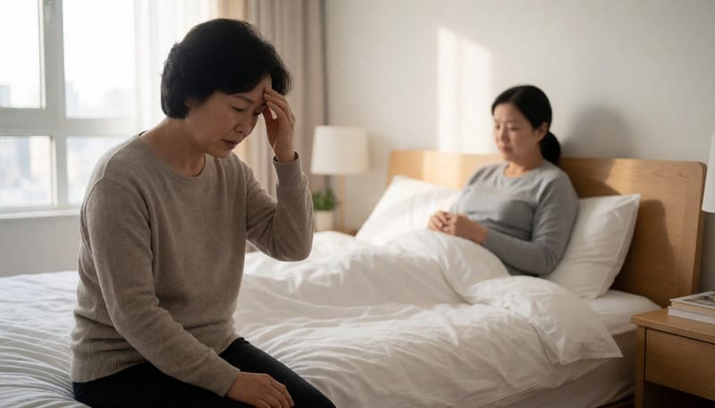 아침에 침대에 걸터앉아 어지러움을 느끼는 여성의 모습